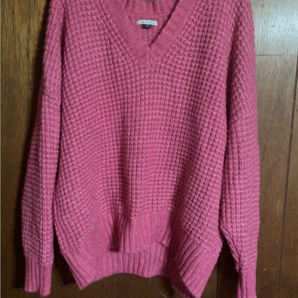 American Eagle Outfitters Pink V-Neck Sweater with Chunky Knit
